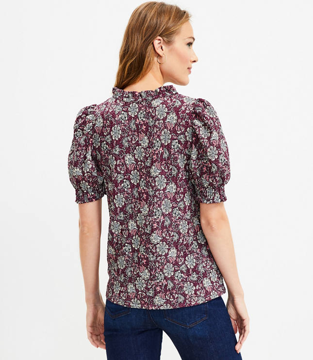 Petite Floral Stitchy Ruffle Puff Sleeve Top