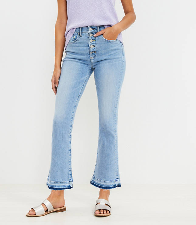 Let Down Hem Button Front High Rise Kick Crop Jeans in Vivid Light Indigo Wash carousel Product Image 2