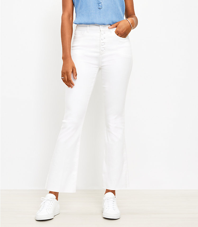 Frayed Button Front High Rise Kick Crop Jeans in White image number 0