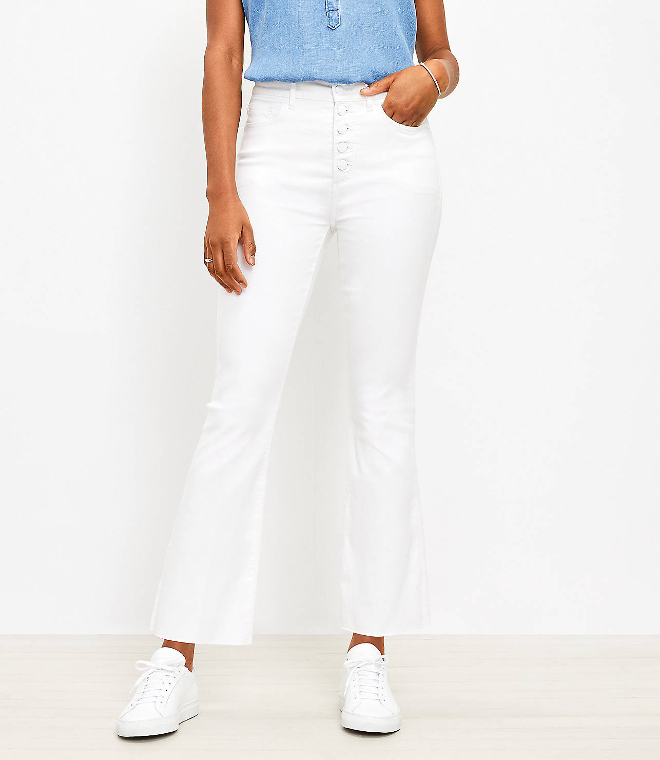 Frayed Button Front High Rise Kick Crop Jeans in White