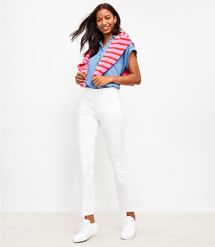 Frayed Button Front High Rise Kick Crop Jeans in White image number 1