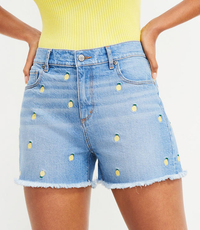 Lemon Embroidered Denim Cut Off Shorts