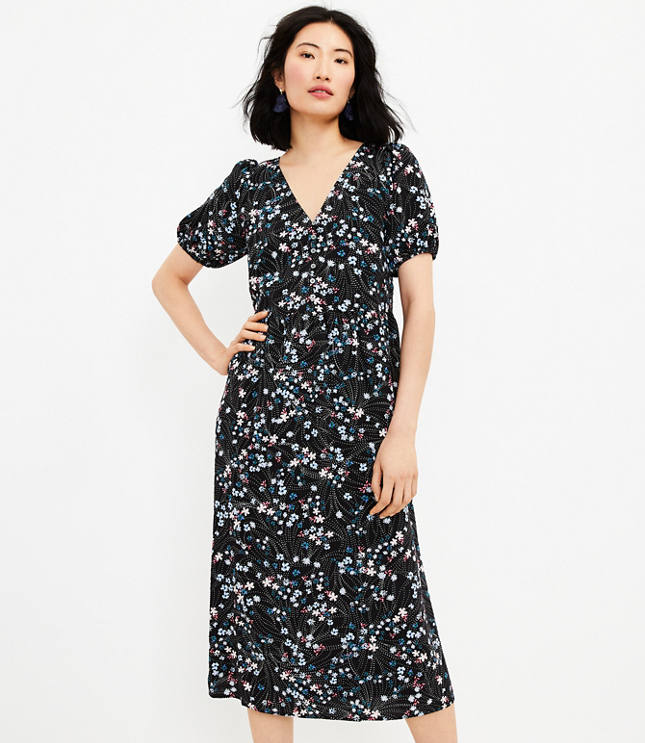 Loft Pearl Print Puff Sleeve Midi Dress