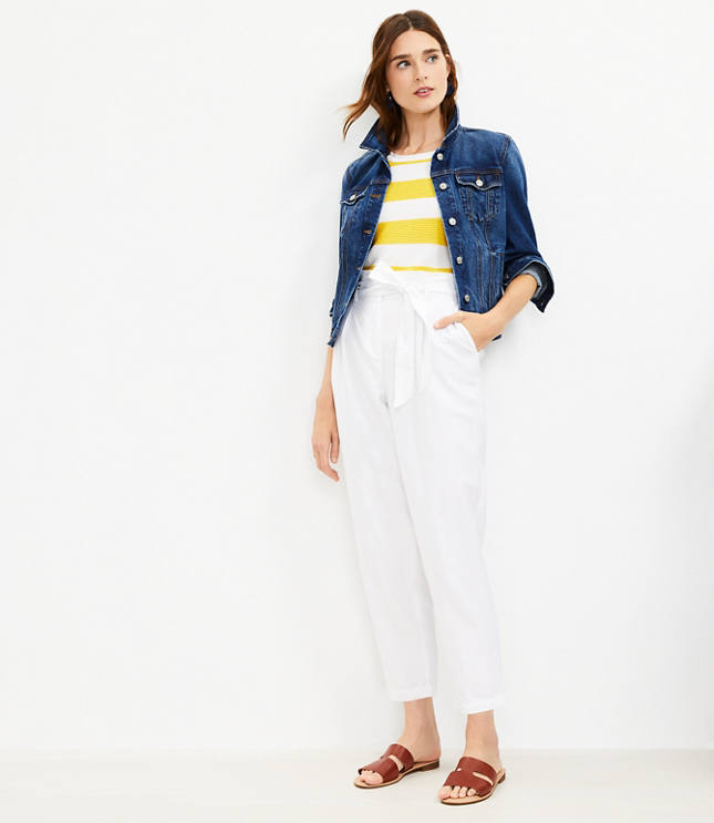 Linen-Cotton Pull-On High-Rise Tapered Pants in Stripe