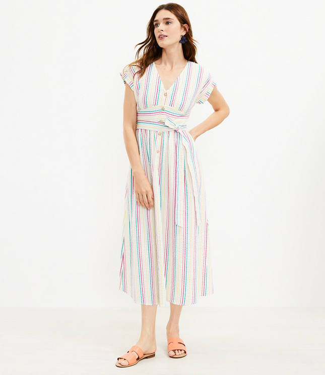 Loft Striped Button Tie Waist Midi Dress