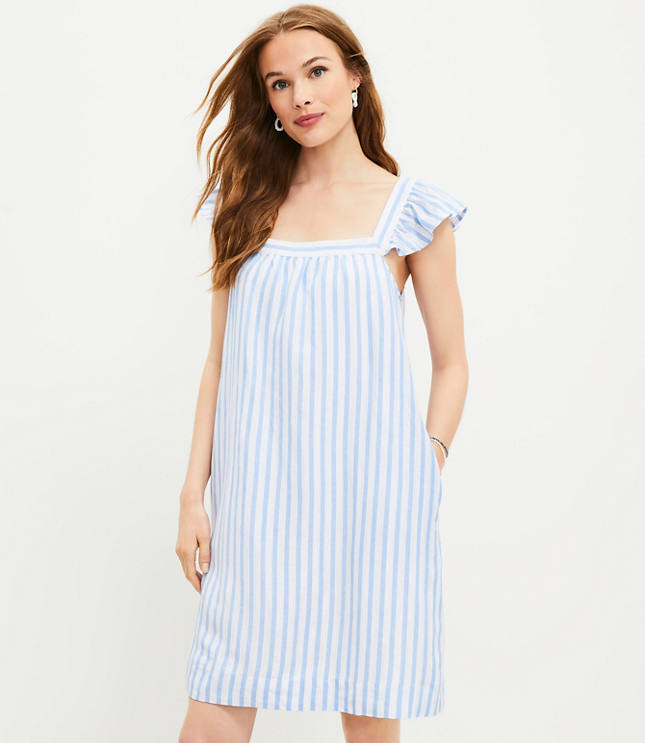 Striped Jacquard Puff Sleeve Dress - White