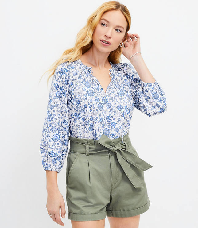 Floral Shirred Tie Neck Blouse