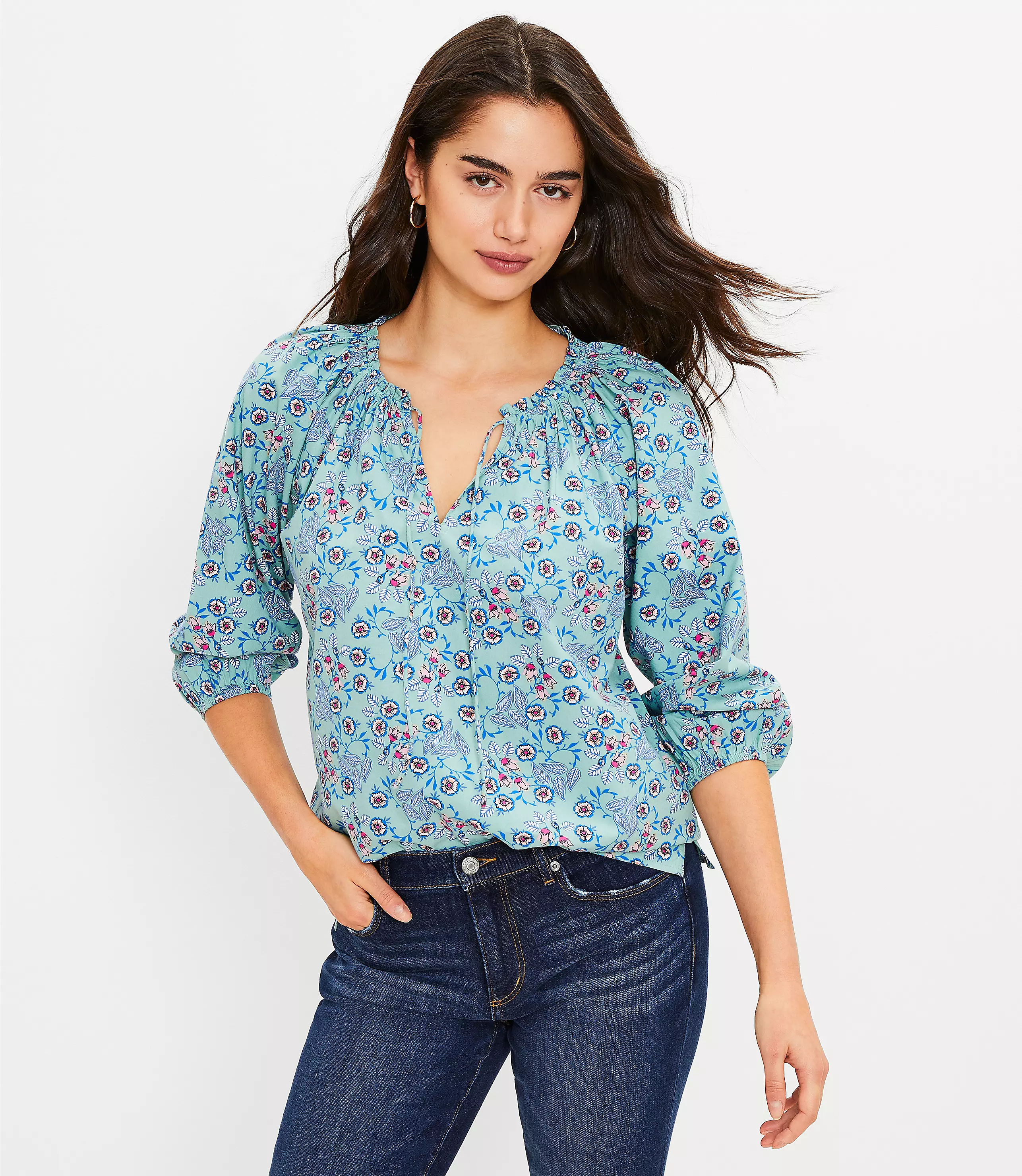 Floral Shirred Tie Neck Blouse