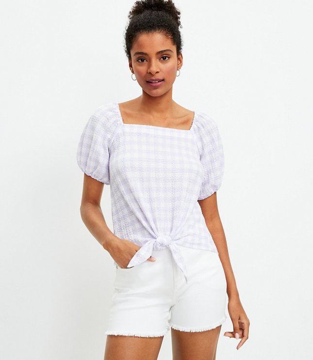 Gingham Square Tie Front Top