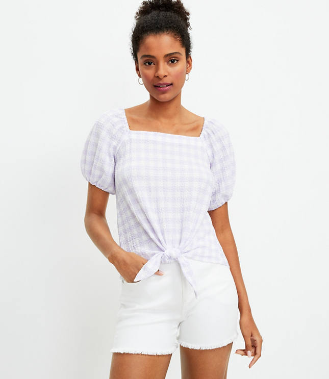 Gingham Square Tie Front Top