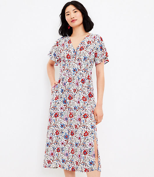 Loft Floral Flutter Sleeve V-Neck Midi Pocket Dress