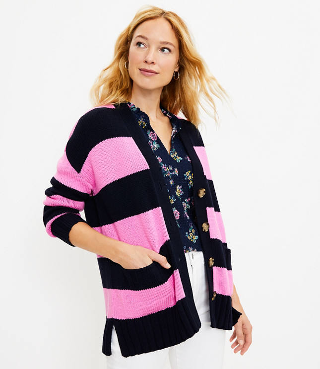 Loft Petite Striped Relaxed V-Neck Pocket Cardigan