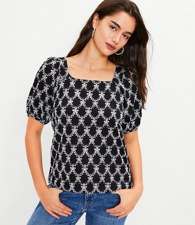 Loft Floral Lace Puff Sleeve Square Neck Top