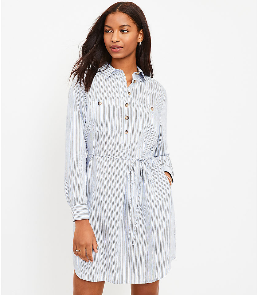 로프트 LOFT Striped Pocket Shirtdress,True Cornflower
