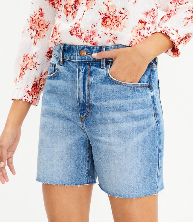 Destructed Fresh Cut Hem High Rise Boyfriend Shorts in Classic Mid Indigo Wash