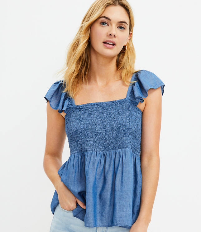 Chambray Smocked Peplum Shell