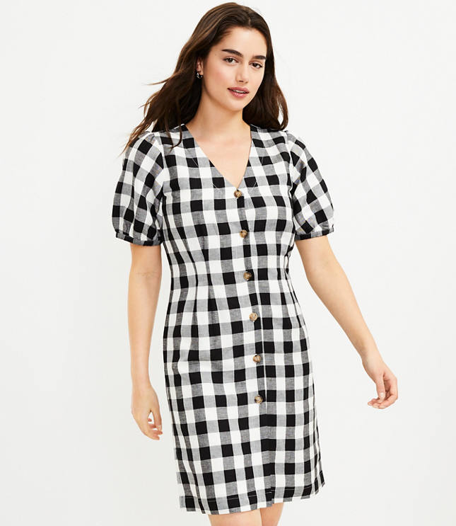 Gingham Button VNeck Dress LOFT