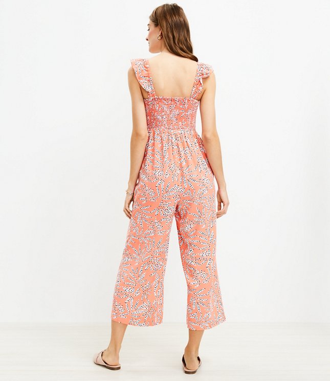 Loft Party Smocked Floral Jumpsuit in Orange