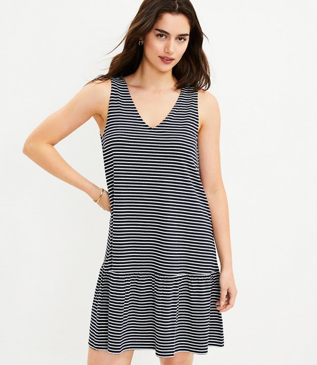 Scalloped Stripe Double V Flounce Dress