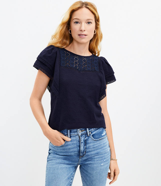 Petite Eyelet Flutter Sleeve Top