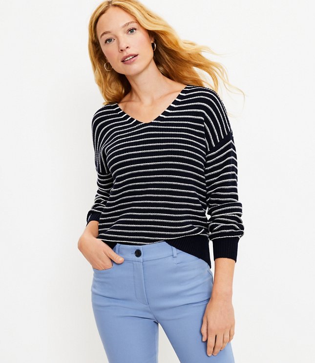 Loft Petite Striped V-Neck Sweater