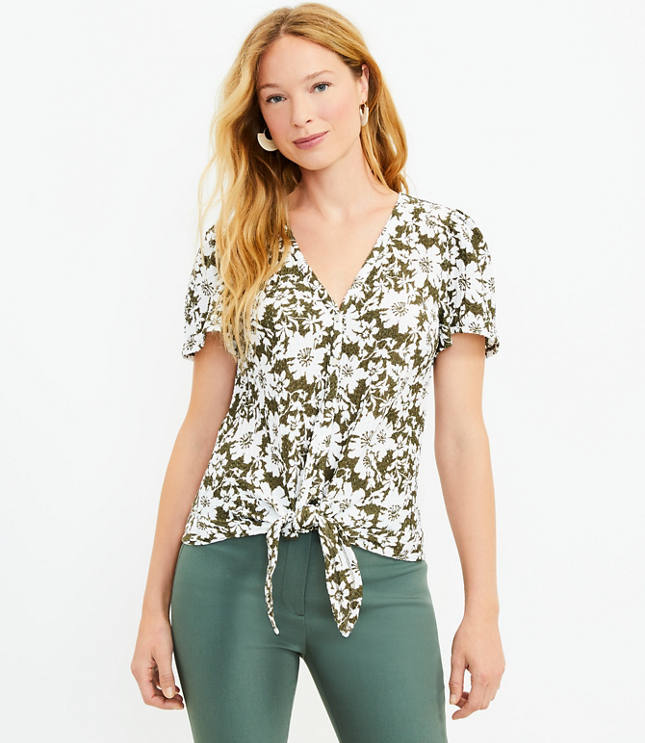 Floral Textured Button Tie Front Top