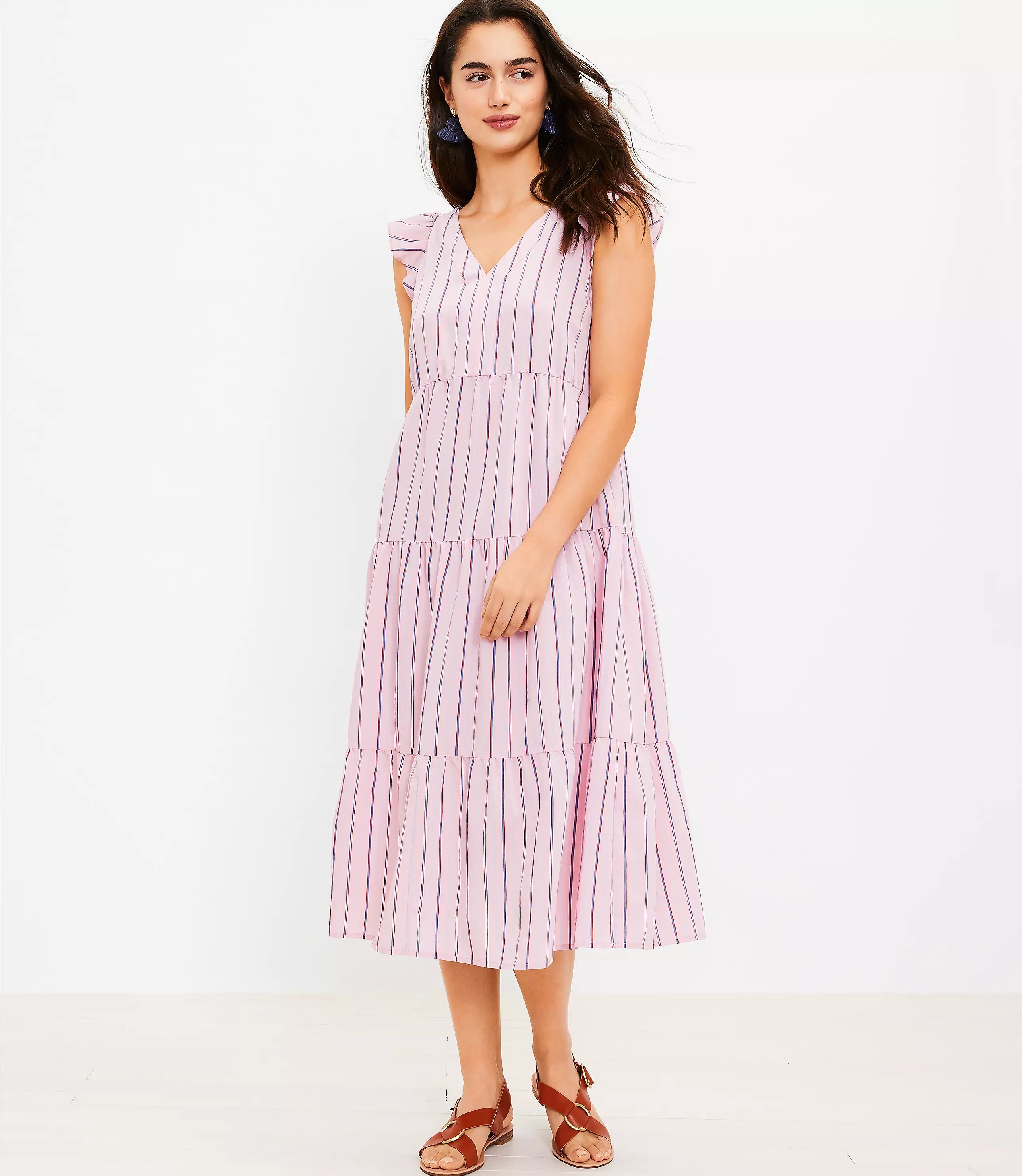 Petite Striped Flutter Sleeve V-Neck Midi Dress