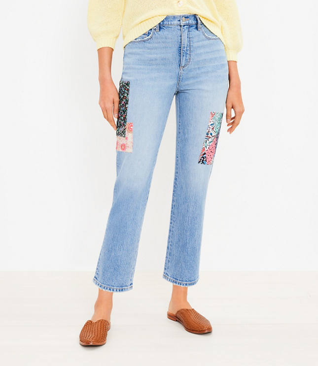 LOFT Curvy Patchwork High Rise Straight Crop Jeans In Mid Indigo Wash