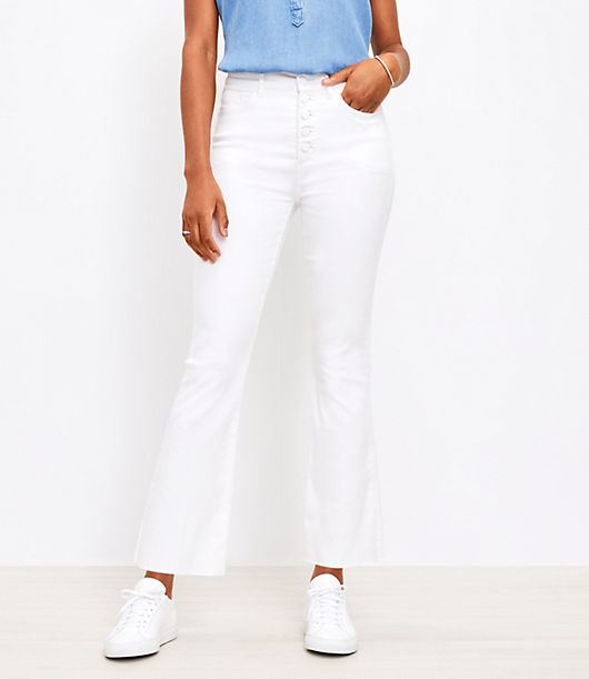 Loft Petite Frayed Button Front High Rise Kick Crop Jeans in White