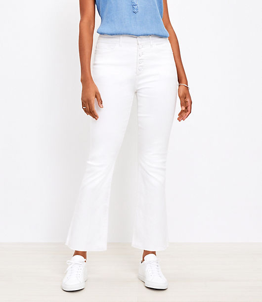 Loft Curvy Frayed Button Front High Rise Kick Crop Jeans in White