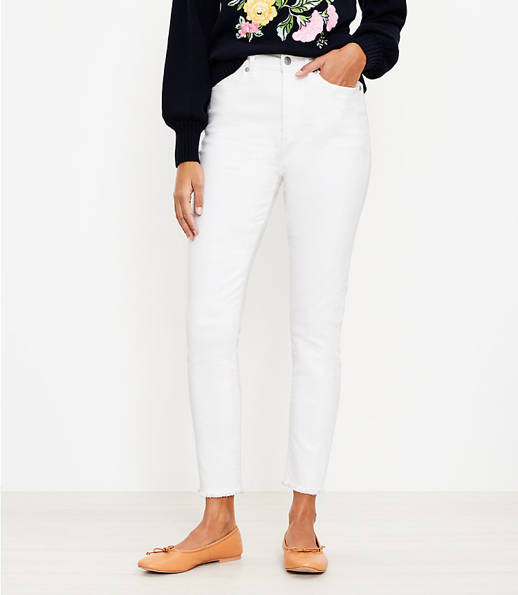 Petite Curvy High Rise Frayed Skinny Jeans in White image number 1