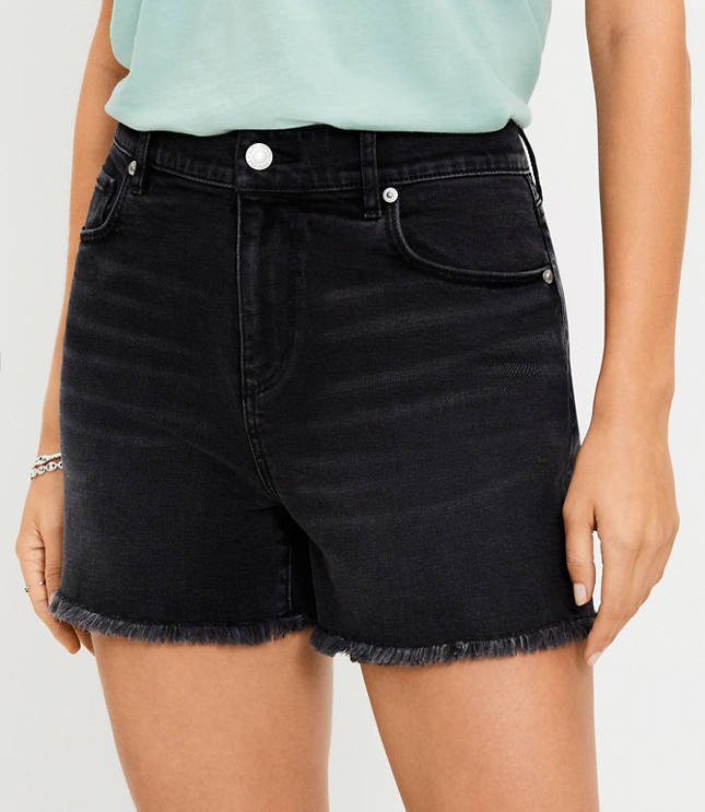 Curvy Frayed Denim Cut Off Shorts in Washed Black Wash