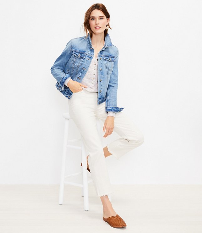 Loft Petite Frayed High Rise Straight Crop Jeans in Popcorn
