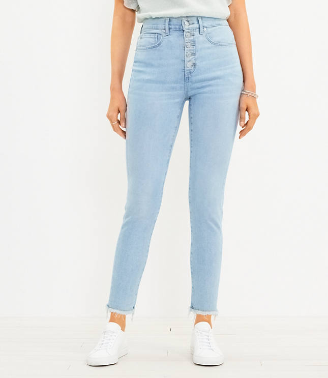 Curvy Side Slit Frayed High Rise Skinny Jeans in Indigo Wash