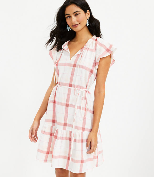 Petite Plaid Flutter Tie Neck Dress