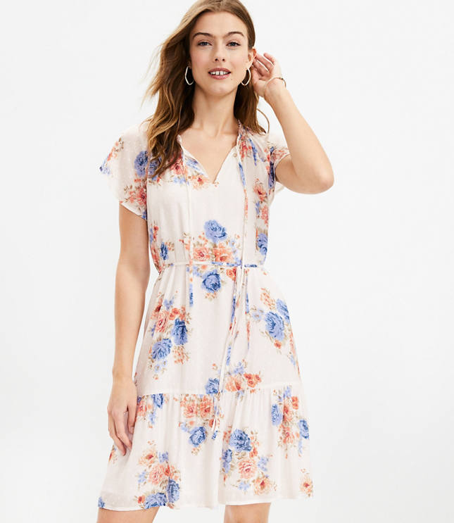 Petite Floral Flutter Tie Neck Dress