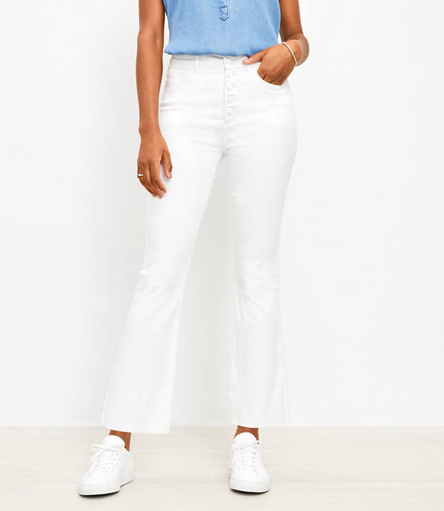 Tall Frayed Button Front High Rise Kick Crop Jeans in White