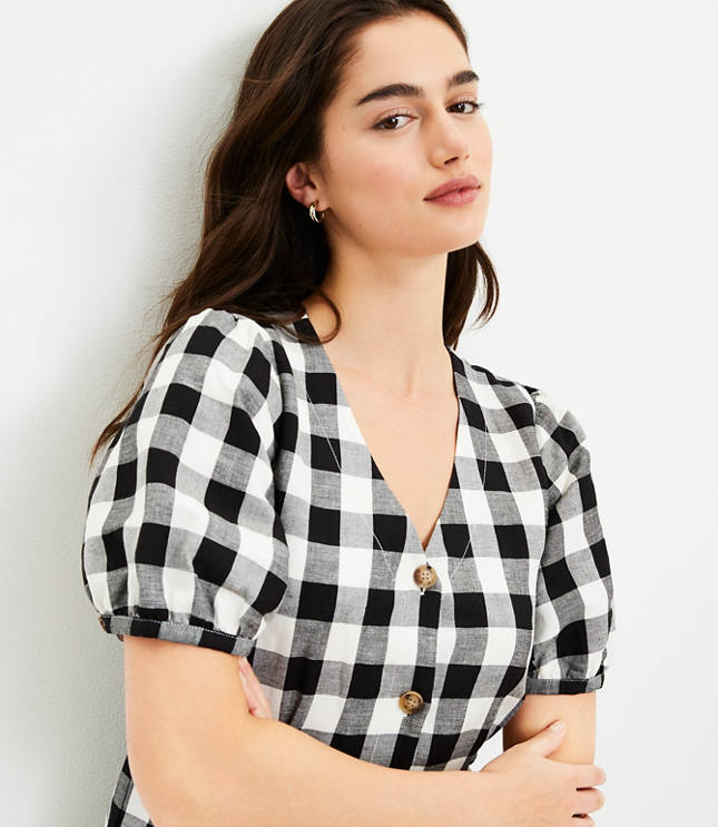 Tall Gingham Button V-Neck Dress