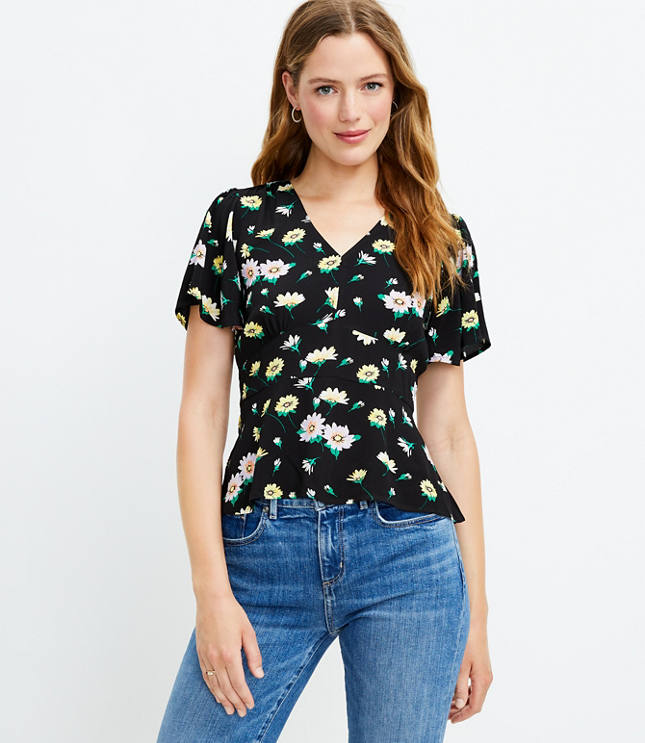 Petite Floral Flutter Sleeve V-Neck Top - Black