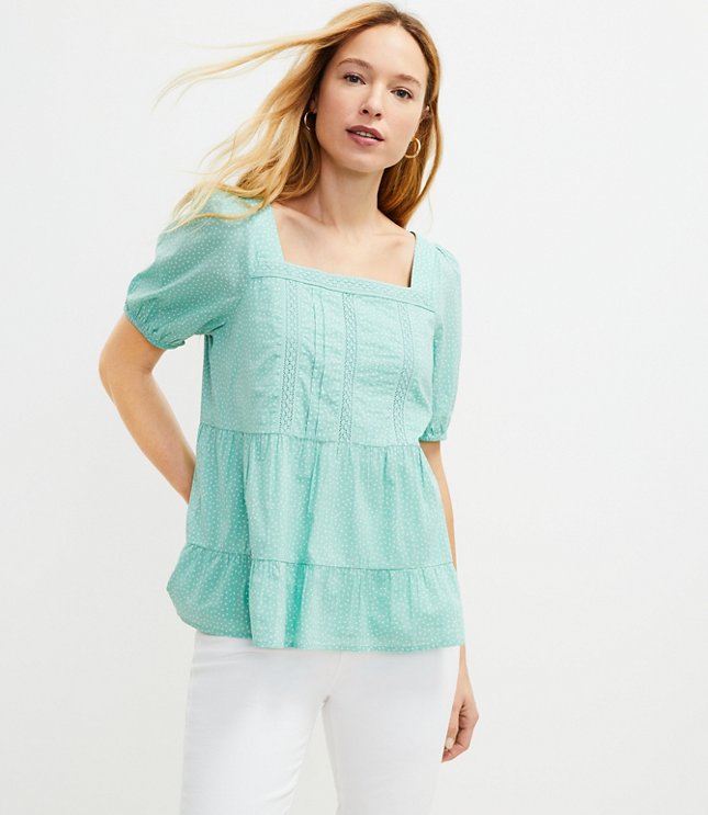 Loft Petite Dotted Lacy Tiered Square Neck Top
