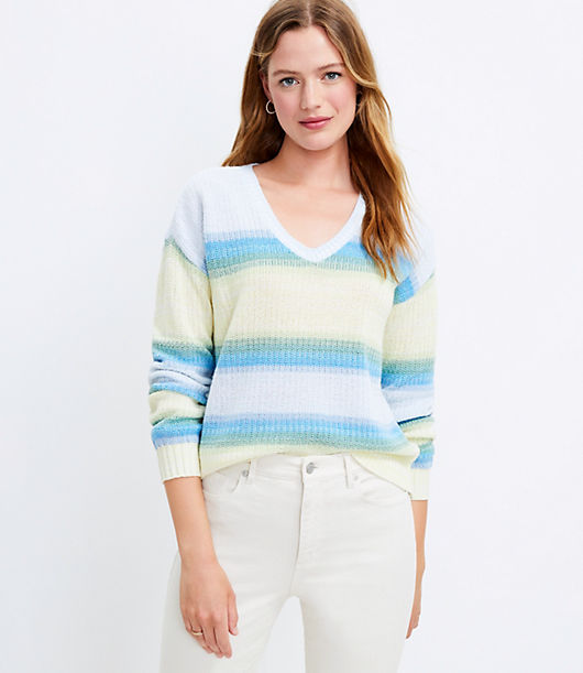 Loft Petite Ombre Striped V-Neck Sweater