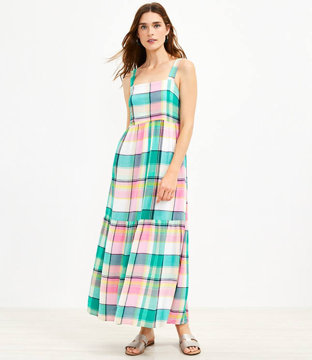 Loft Plaid Strappy Tiered Maxi Pocket Dress