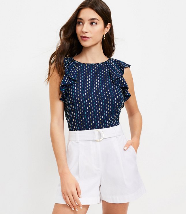 Petite Eyelet Ruffle Trim Mixed Media Top