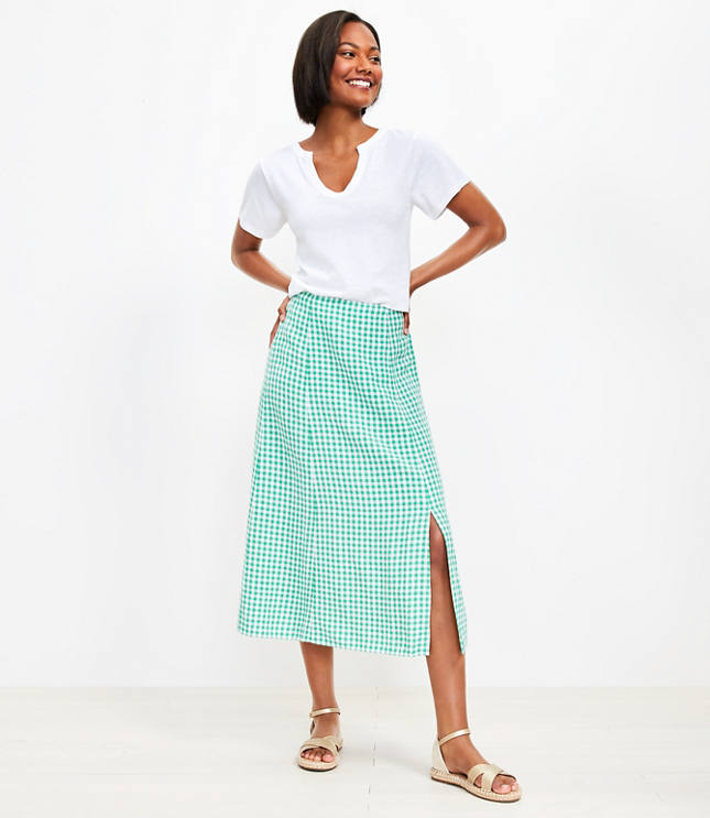 Loft Gingham Side Slit Midi Skirt