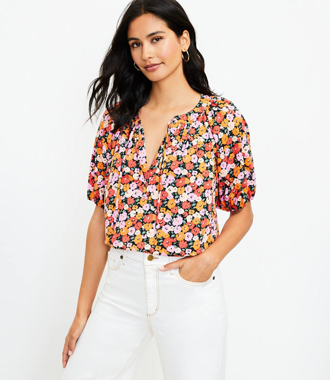 Floral Tie Neck Puff Sleeve Top