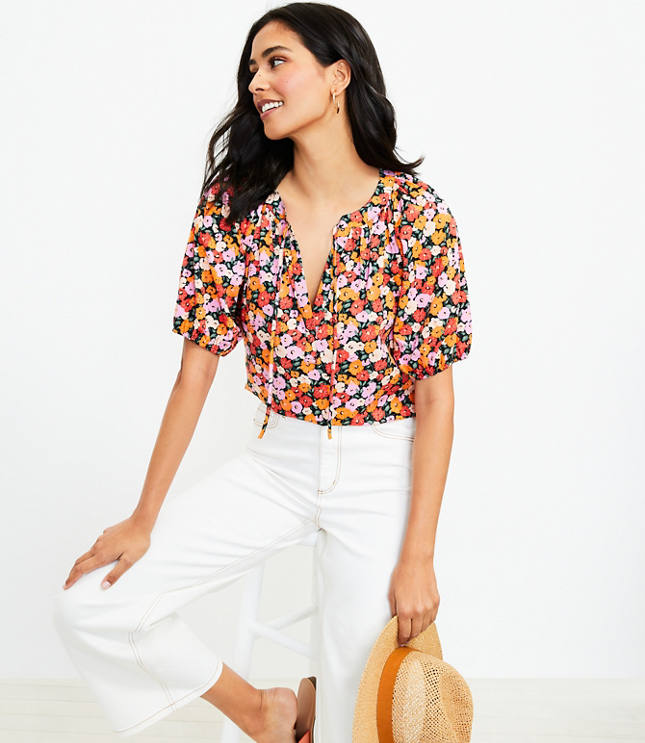 Floral Tie Neck Puff Sleeve Top