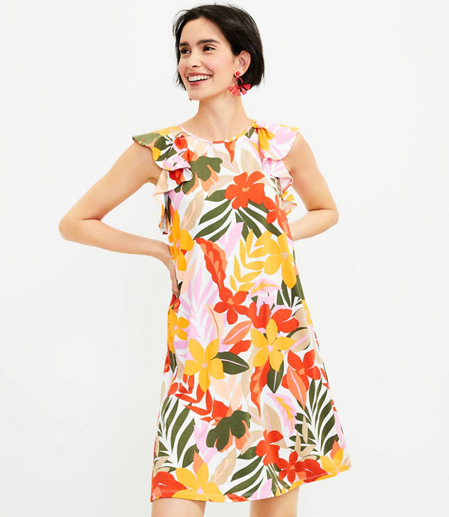 Loft Tropical Ruffle V-Back Swing Dress