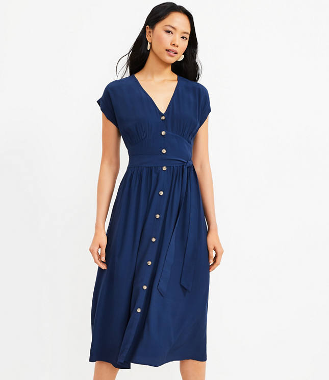 Button Tie Waist Midi Dress