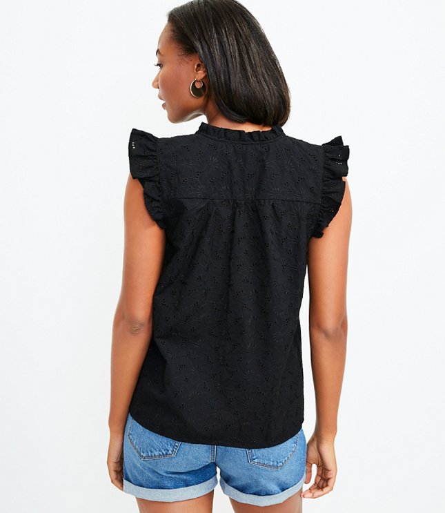 Petite Eyelet Ruffle Split Neck Shell