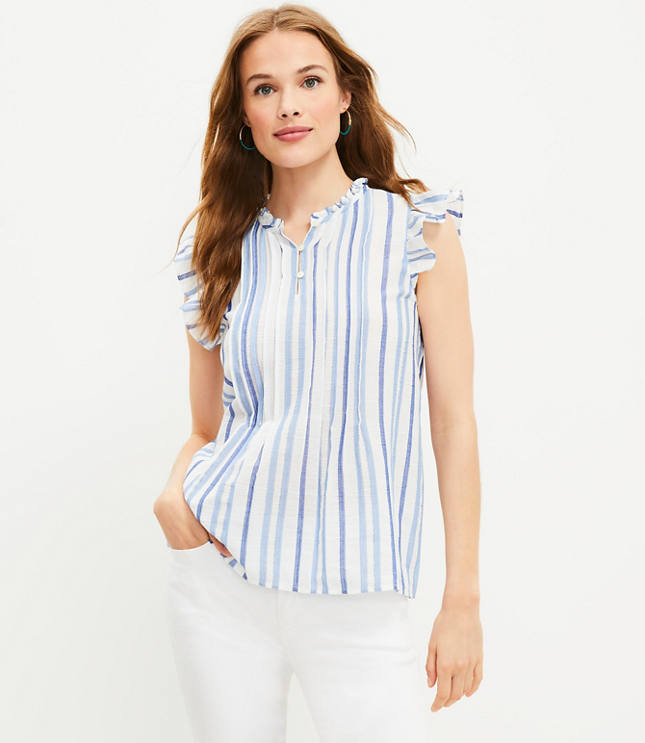 Petite Striped Pintucked Flutter Sleeve Top